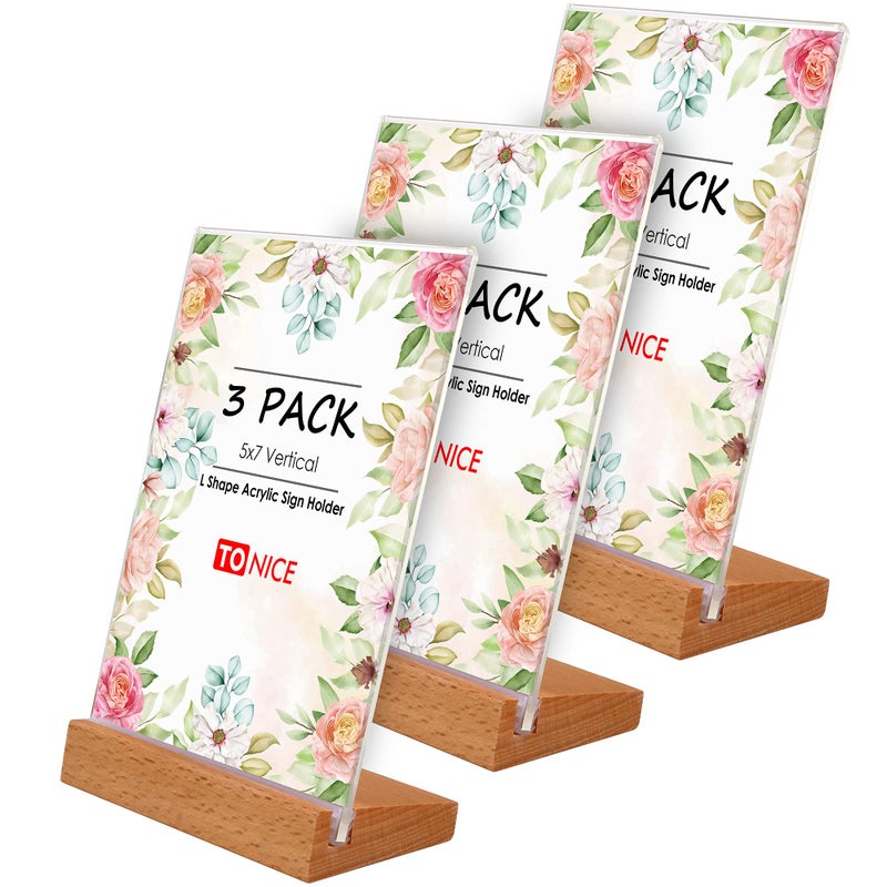 TONICE 3 Pack 5x7 Acrylic Sign Holder Slant Back Design L Shape Clear Acrylic Frames Wood Base, Table Menu Display Stand Flyer Display for Desk Display (Optional 8.5x11/5x7 Inch L/T Shape) - Image 1